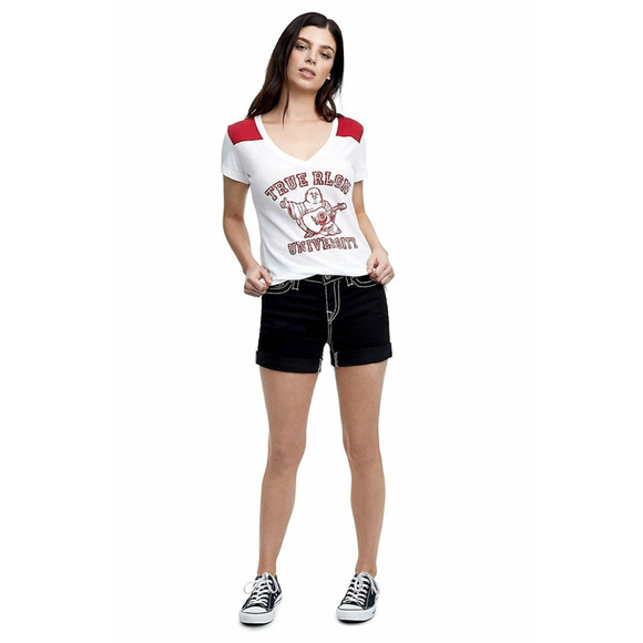 True Religion Women's Mid Roll Up Big T Shorts in Black Body Rinse - Picture 4 of 4